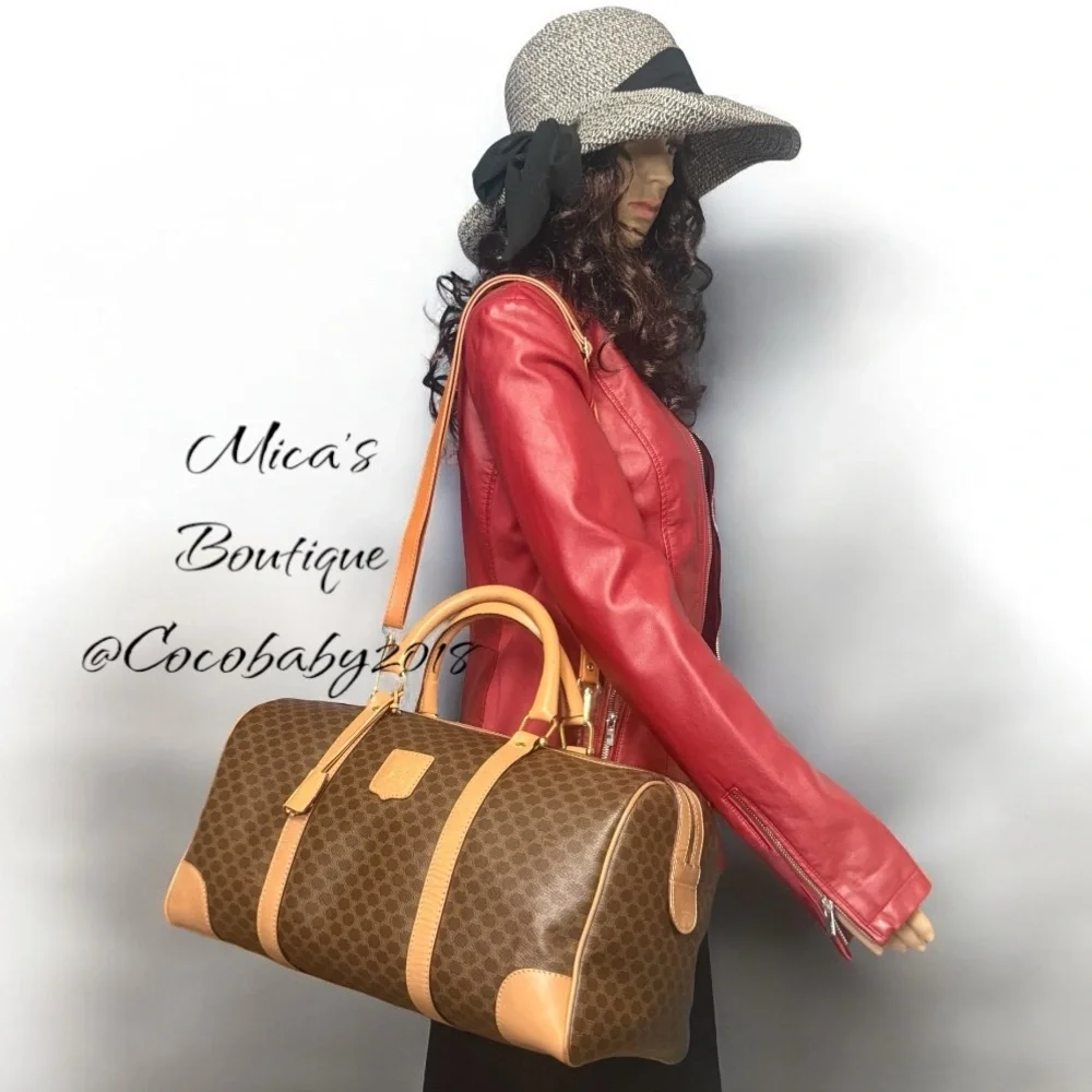 Auth CÈLINE Preowned EUC Tan and Brown Macadam Patterned Boston Bag with🔐